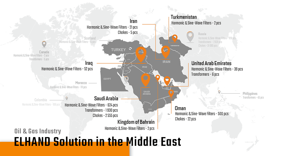 Produkty ELHAND Transformatory na Bliskim Wschodzie mapa